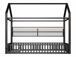 ModernLuxe Cama infantil de metal 90x200 cm - Motivo de casa - con barrera de seguridad - con luces LED - ​ (Colchón no incluido) Negro