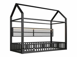 ModernLuxe Cama infantil de metal 90x200 cm - Motivo de casa - con barrera de seguridad - con luces LED - ​ (Colchón no incluido) Negro