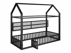 ModernLuxe Cama infantil de metal 90x200 cm - Motivo de casa - con barrera de seguridad - con luces LED - ​ (Colchón no incluido) Negro