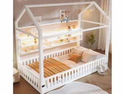 Cama infantil de metal 90x200 cm - Motivo de casa - con barrera de seguridad - con luces LED - ​ (Colchón no incluido)^ModernLuxe New