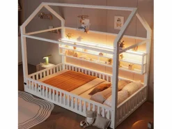 Cama infantil de metal 90x200 cm - Motivo de casa - con barrera de seguridad - con luces LED - ​ (Colchón no incluido)^ModernLuxe New