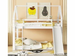 Cama infantil doble cabina 140x200cm - litera con tobogán y escalera, protección anticaídas dormitorio infantil - Blanco Hot