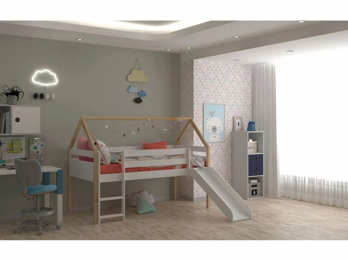 Cama Montessori|Cama infantil estilo casita con Tobogán y Escalera - Para colchón de 90 - ( y Madera) - Buyqualia