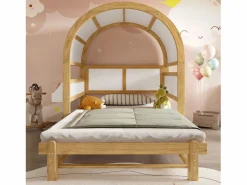 Merax Cama Diván|Cama infantil extensible con techo arqueado - 140 x 200 cm - pequeña estantería lateral - pino y MDF - y natural