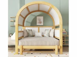 Merax Cama Diván|Cama infantil extensible con techo arqueado - 140 x 200 cm - pequeña estantería lateral - pino y MDF - y natural