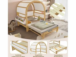 Merax Cama Diván|Cama infantil extensible con techo arqueado - 140 x 200 cm - pequeña estantería lateral - pino y MDF - y natural