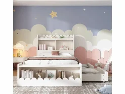KOMHTOM Cama Con Almacenaje|Cama Infantil|Cama infantil individual 90x200 cm con cajones, estantes y banco con espacio de almacenamiento, color + roble