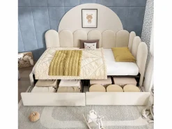 Merax Cama infantil tapizada con canapé - 90 x 200 cm - con 2 cajones + somier - sofá cama - terciopelo - Beige Hot