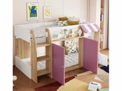 Cama infantil 90x200 cm - 4 puertas - Con escalera - ​​Blanco + Rosa​​ (colchón no incluido)^ModernLuxe Outlet