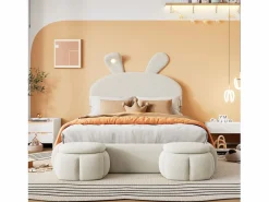 ModernLuxe Cama infantil 140x200 cm acolchada de terciopelo - oreja de conejo con LED regulable - con 2 taburetes con almacenaje - Beige