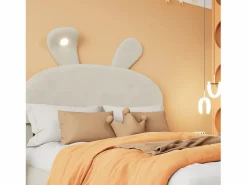 ModernLuxe Cama infantil 140x200 cm acolchada de terciopelo - oreja de conejo con LED regulable - con 2 taburetes con almacenaje - Beige