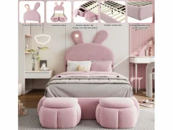 Cama infantil 90x200 cm acolchada de terciopelo - oreja de conejo con LED regulable - con 2 taburetes con almacenaje -^ModernLuxe Clearance