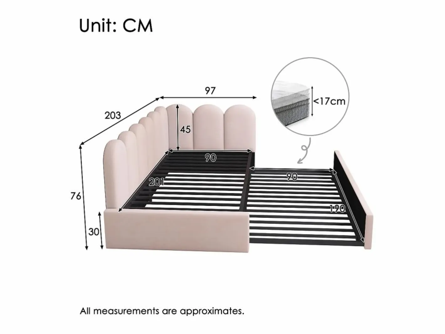 Hauss Spole Cama Nido|Cama infantil 90x200 cm con cama nido 90x190 cm, tapizado en terciopelo , sin colchón