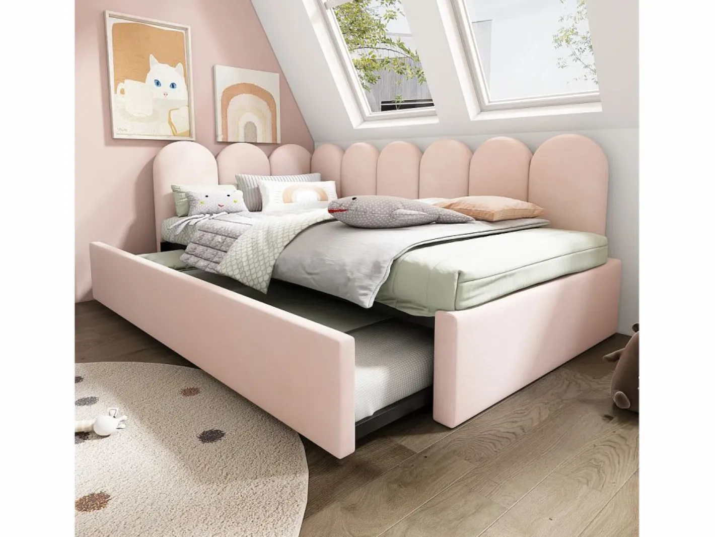Hauss Spole Cama Nido|Cama infantil 90x200 cm con cama nido 90x190 cm, tapizado en terciopelo , sin colchón
