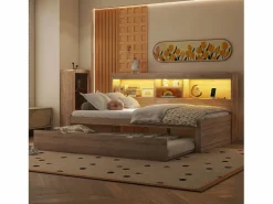 Cama infantil 90x200 cm con estantería, cama nido 90x190 cm, MDF natural, sin colchón^Hauss Spole Hot