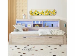 Cama infantil 90x200 cm con estantería, cama nido 90x190 cm, MDF natural, sin colchón^Hauss Spole Hot