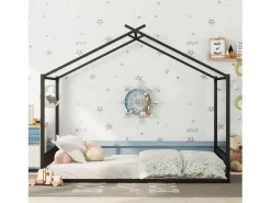 OKWISH Cama Montessori|Cama infantil 140x200 cm con somier de listones, estructura metálica, negra - sin colchón