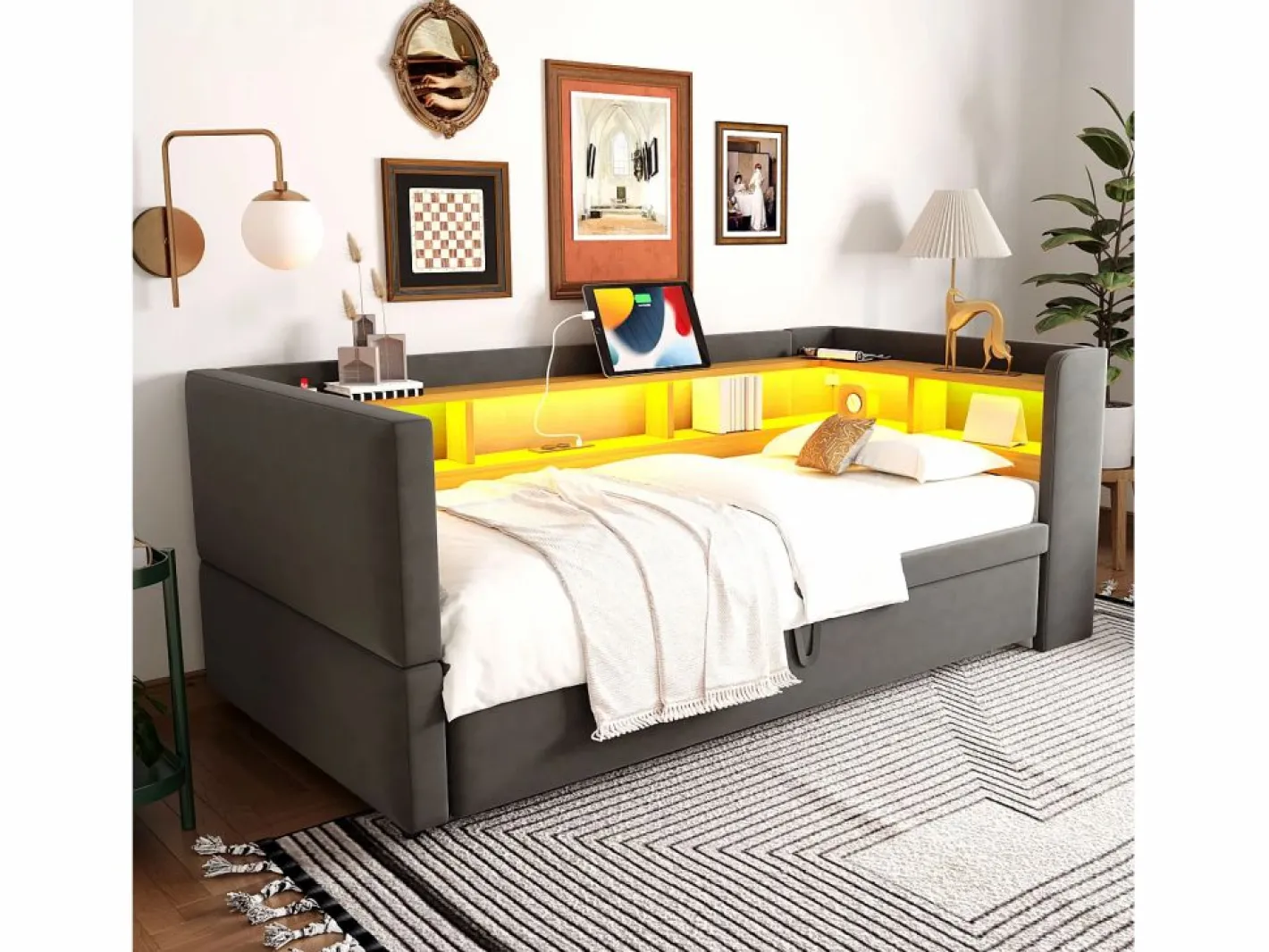 Hauss Spole Cama Nido|Cama infantil 90/180x190 cm en franela, cama nido tipo sofá con LED y USB, sin colchón