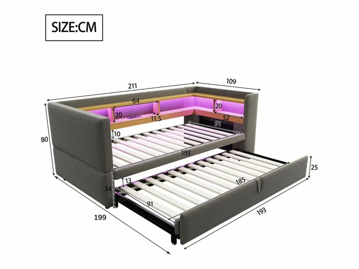 Hauss Spole Cama Nido|Cama infantil 90/180x190 cm en franela, cama nido tipo sofá con LED y USB, sin colchón
