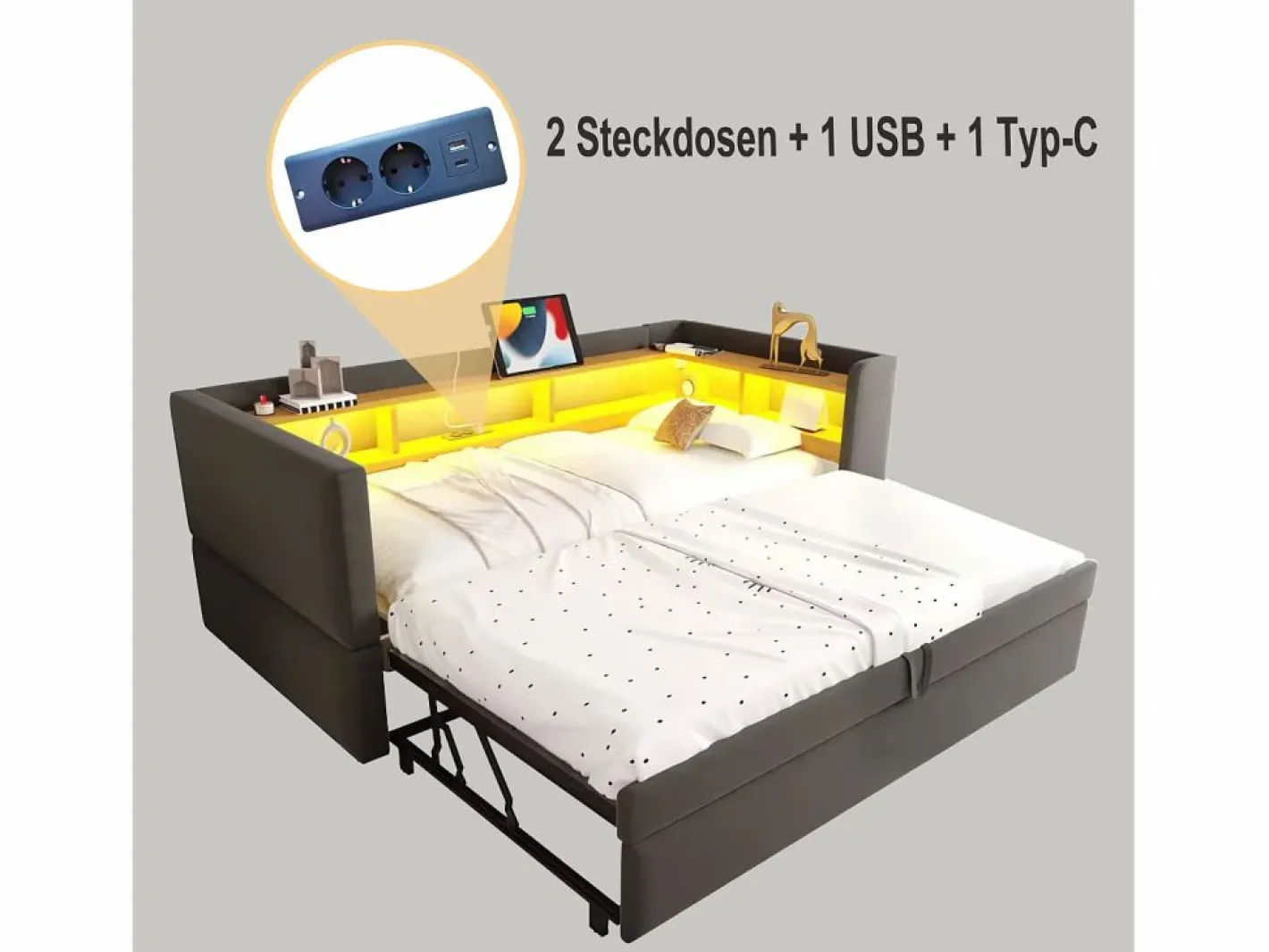 Hauss Spole Cama Nido|Cama infantil 90/180x190 cm en franela, cama nido tipo sofá con LED y USB, sin colchón