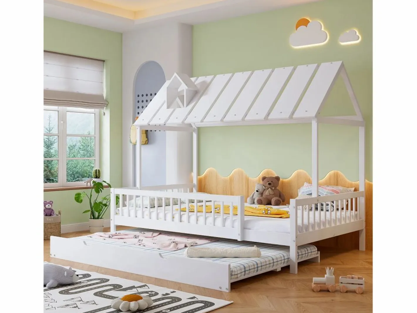 Cama Montessori|Cama infantil 120x200cm cama casa estilo juego función nido madera para habitación infantil (Sin colchón)