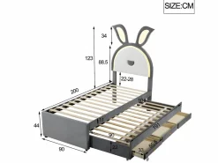 ModernLuxe Cama infantil 90x200cm en terciopelo - cama nido con 3 cajones y luces LED de colores - Gris Discount