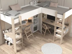 Vente-unique Cama Alta|Cama litera 2 x 90 x 200 cm con almacenamiento escritorios blanco y natural + colchón - LASCANO
