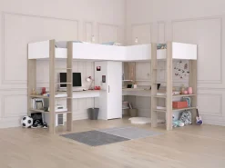 Vente-unique Cama Alta|Cama litera 2 x 90 x 200 cm con almacenamiento escritorios blanco y natural + colchón - LASCANO