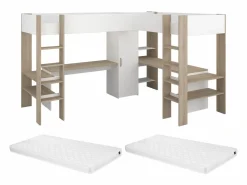 Vente-unique Cama Alta|Cama litera 2 x 90 x 200 cm con almacenamiento escritorios blanco y natural + colchón - LASCANO