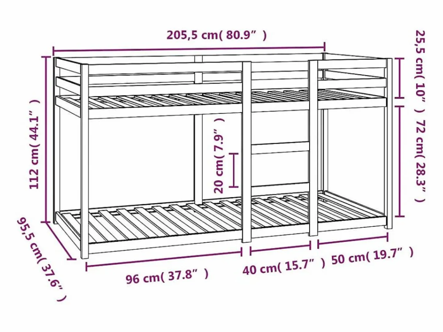 vidaxl Cama Litera|Cama litera sin colchón madera maciza de pino 90x200 cm