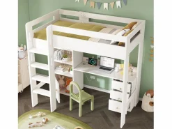 Cama mezzanine de 90x200 cm - con escalera de seguridad de 4 peldaños - con mesa - con estante - con barreras de seguridad - (sin colchón)^ModernLuxe Sale