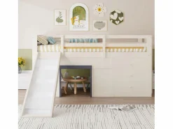 ModernLuxe Cama mezzanine infantil 90x200 cm - con tobogán - 3 cajones - (sin colchón) Crema Best