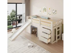 ModernLuxe Cama mezzanine infantil 90x200 cm - con tobogán - 3 cajones - (sin colchón) Crema Best