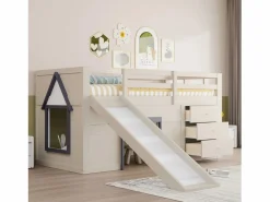 ModernLuxe Cama mezzanine infantil 90x200 cm - con tobogán - 3 cajones - (sin colchón) Crema Best