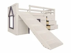 ModernLuxe Cama mezzanine infantil 90x200 cm - con tobogán - 3 cajones - (sin colchón) Crema Best