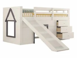 ModernLuxe Cama mezzanine infantil 90x200 cm - con tobogán - 3 cajones - (sin colchón) Crema Best