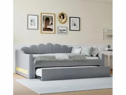 ModernLuxe Cama Diván|Cama nido 140×200 cm - con tira LED luminosa - con somier de láminas - MDF+lino -