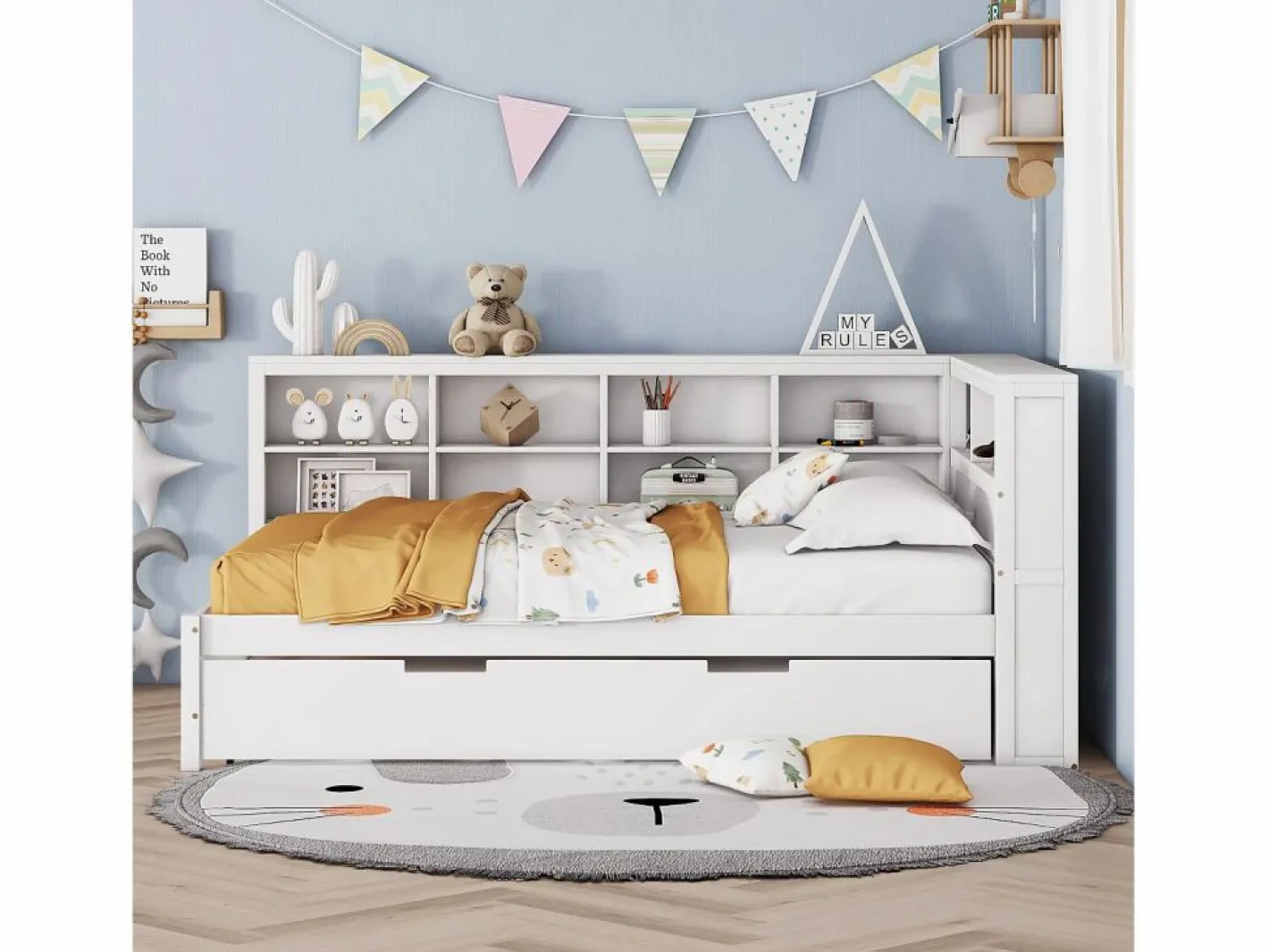 Cama nido 140 x 200 cm + 90 x 190 cm con toma USB y librería - Madera maciza - (sin colchón)^Merax Hot