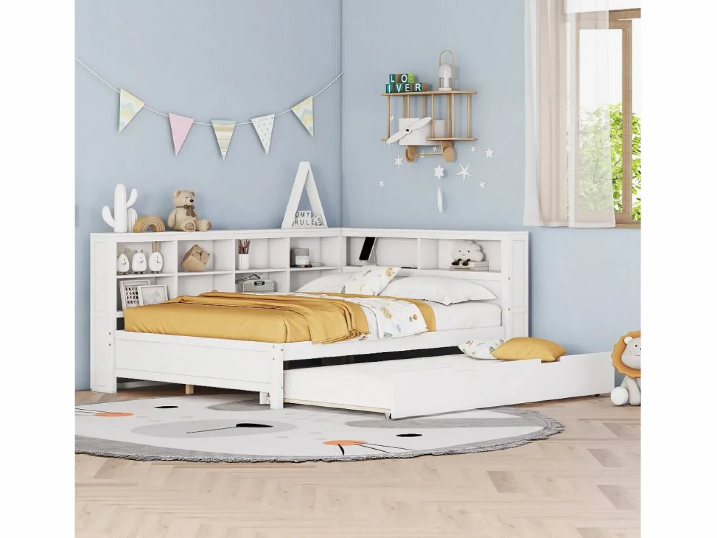 Cama nido 140 x 200 cm + 90 x 190 cm con toma USB y librería - Madera maciza - (sin colchón)^Merax Hot