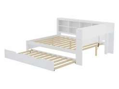 Cama nido 140 x 200 cm + 90 x 190 cm con toma USB y librería - Madera maciza - (sin colchón)^Merax Hot