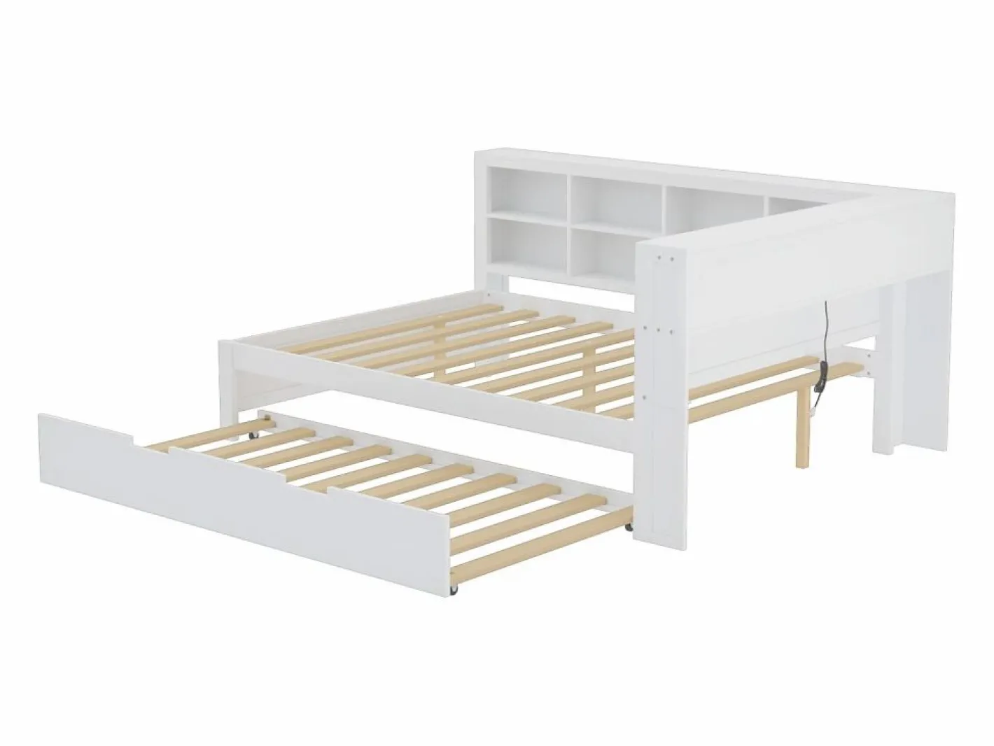 Cama nido 140 x 200 cm + 90 x 190 cm con toma USB y librería - Madera maciza - (sin colchón)^Merax Hot