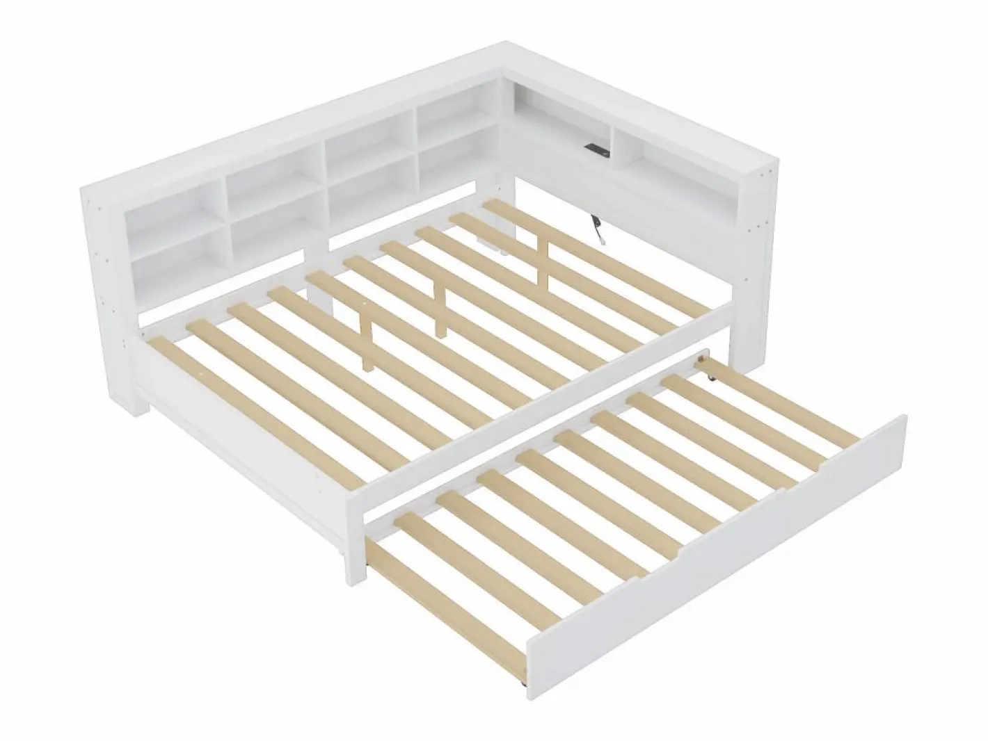 Cama nido 140 x 200 cm + 90 x 190 cm con toma USB y librería - Madera maciza - (sin colchón)^Merax Hot