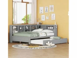 Merax Cama nido 140 x 200 cm + 90 x 190 cm con toma USB y almacenaje - madera maciza - Gris Best
