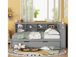 Merax Cama nido 140 x 200 cm + 90 x 190 cm con toma USB y almacenaje - madera maciza - Gris Best