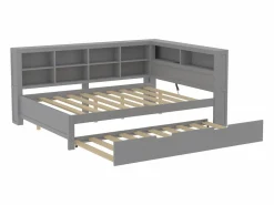 Merax Cama nido 140 x 200 cm + 90 x 190 cm con toma USB y almacenaje - madera maciza - Gris Best