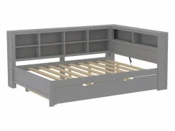 Cama nido 140 x 200 cm + 90 x 190 cm con toma USB y librería - Madera maciza - (sin colchón)^Merax Hot