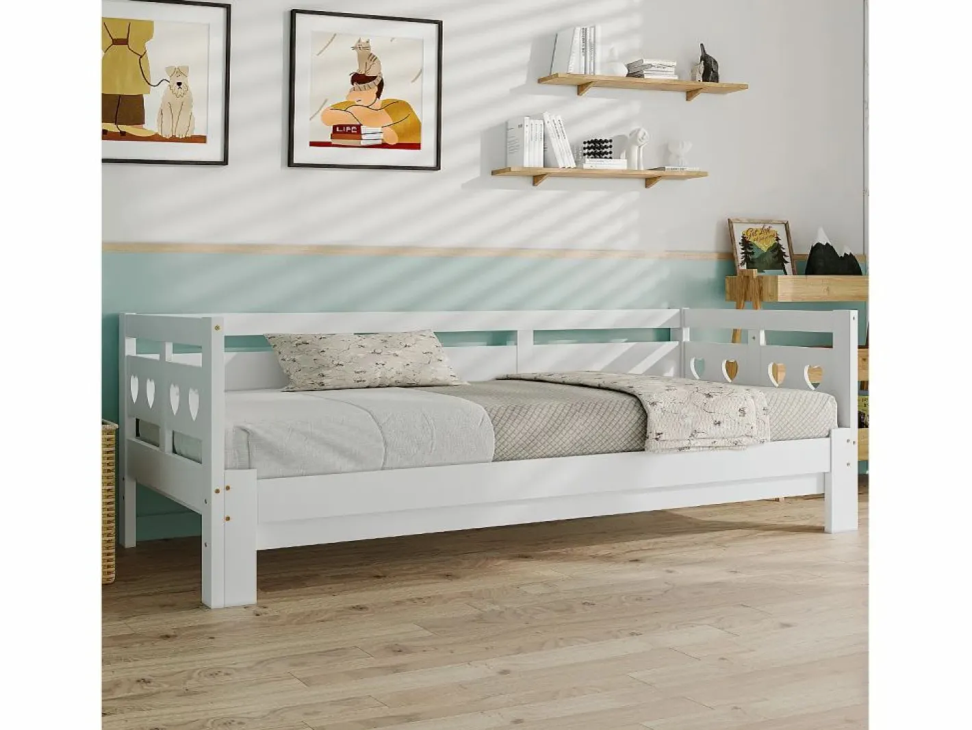 Cama nido 90 x 190 cm - madera maciza - estructura enrollable - estampado de corazones -^Merax Discount