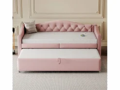 Merax Cama nido 90 x 200 cm con tomas USB, sofá cama - Tela de lino - Somier de láminas - (sin colchón) Rosa Sale
