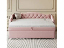 Merax Cama nido 90 x 200 cm con tomas USB, sofá cama - Tela de lino - Somier de láminas - (sin colchón) Rosa Sale