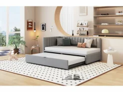 Cama nido 90/180 x 200 cm en forma de L, Sofá cama - Terciopelo - Somier de láminas - claro (sin colchón)^Merax